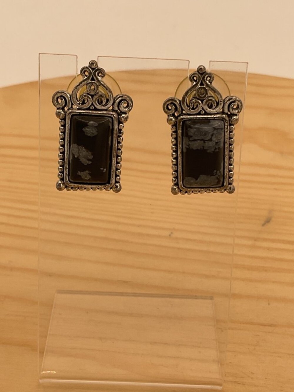 Vintage Snowflake Obsidian Ornate Silver Tone Post Earrings Gothic Boho Filigree